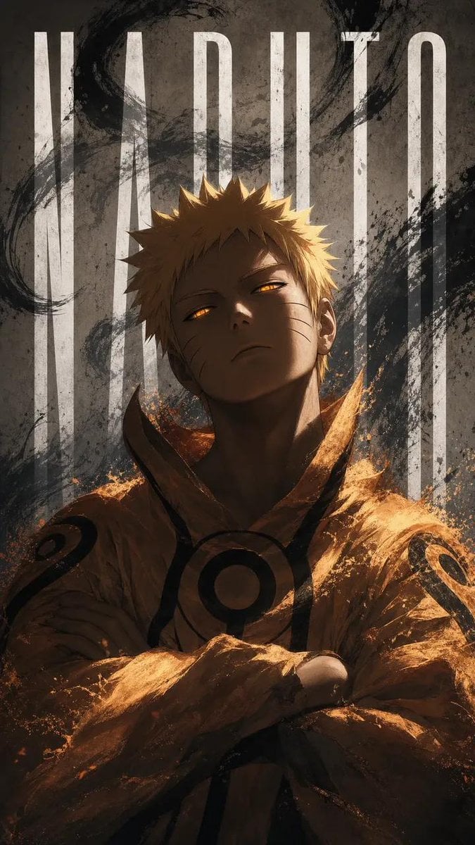 Ultra-detailed dark anime poster of Naruto Uzumaki in Baryon Mode, glowing amber
