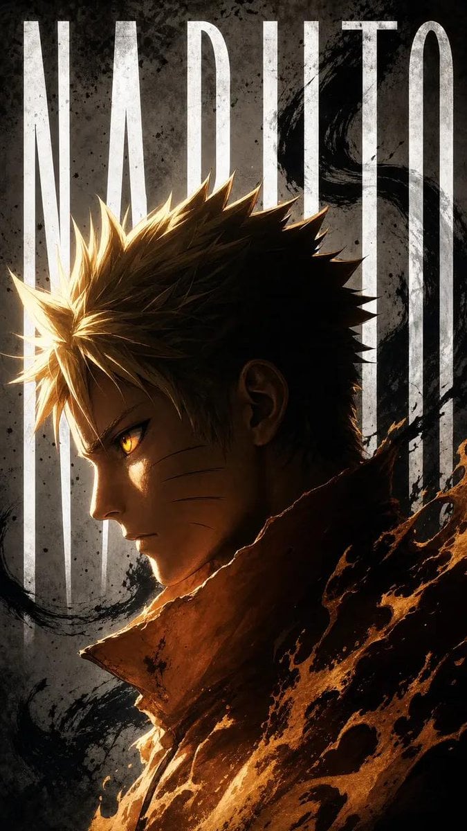 Ultra-detailed dark anime poster of Naruto Uzumaki in Baryon Mode, glowing amber