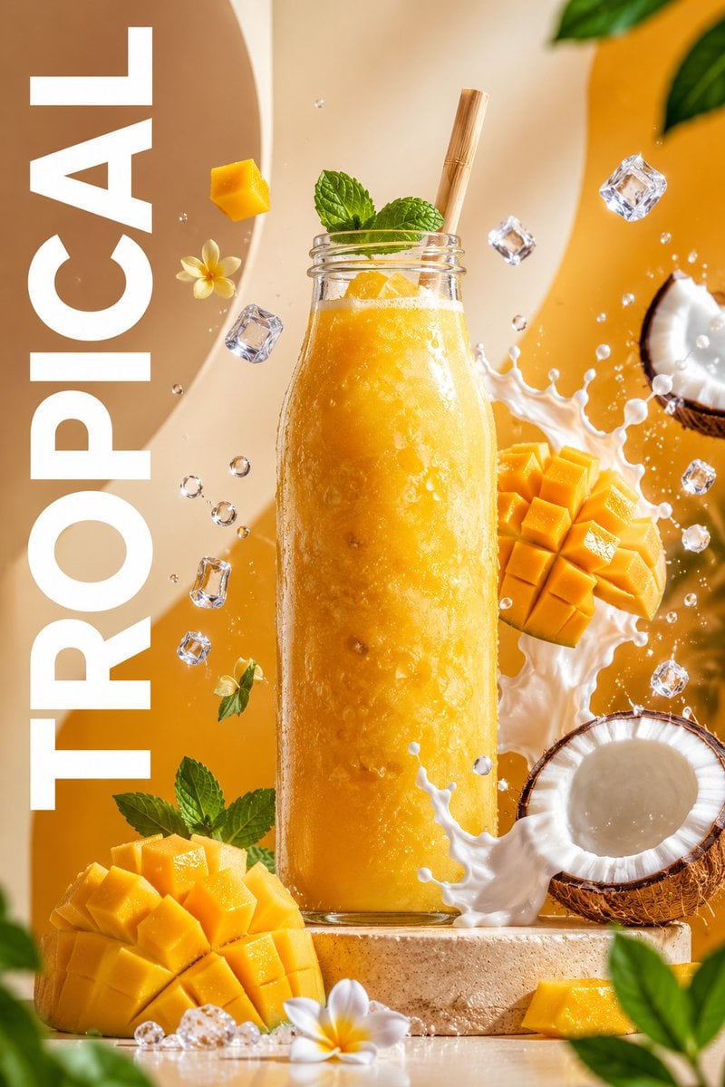 Create a premium, ultra-realistic beverage advertisement poster featuring a larg
