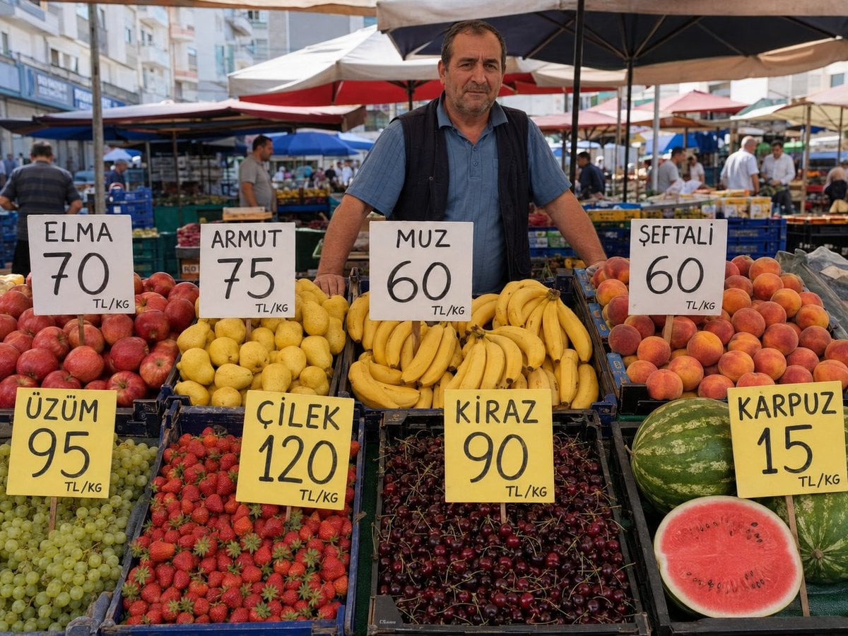 Türkiye'den bir fotoğraf oluştur. Bir pazar'da tezgahta meyvelerin arkasında dur
