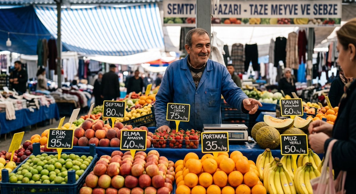 Türkiye'den bir fotoğraf oluştur. Bir pazar'da tezgahta meyvelerin arkasında dur