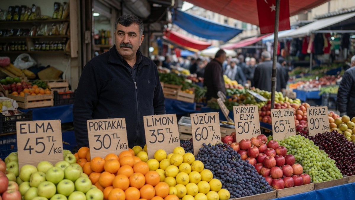 Türkiye'den bir fotoğraf oluştur. Bir pazar'da tezgahta meyvelerin arkasında dur
