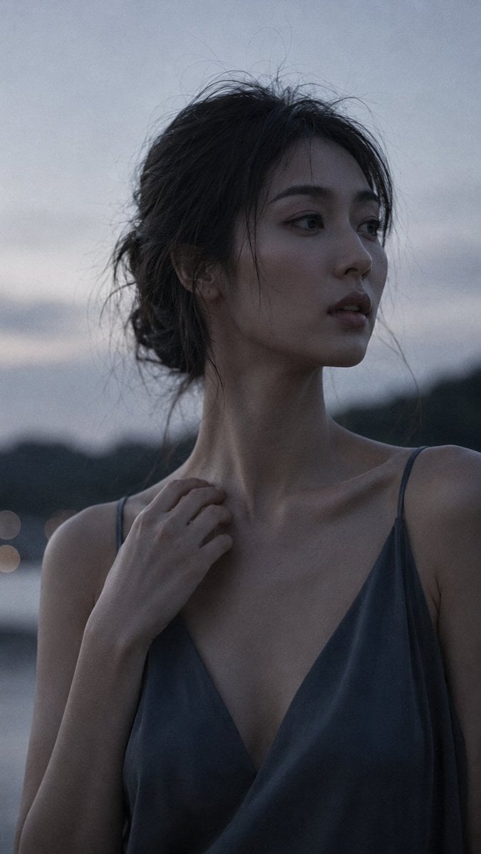 Portrait shot on 85mm f/1.2, close-up of a Japanese woman in her late 20s, elega