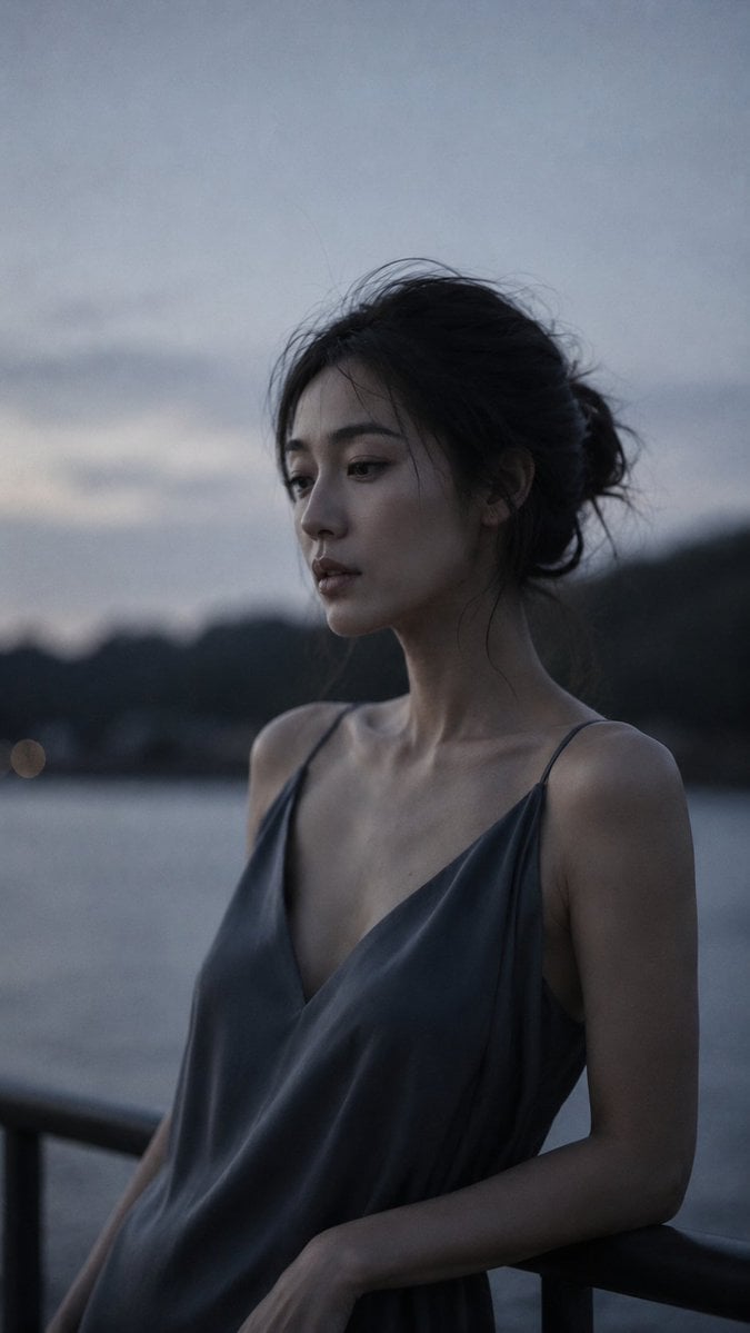 Portrait shot on 85mm f/1.2, close-up of a Japanese woman in her late 20s, elega