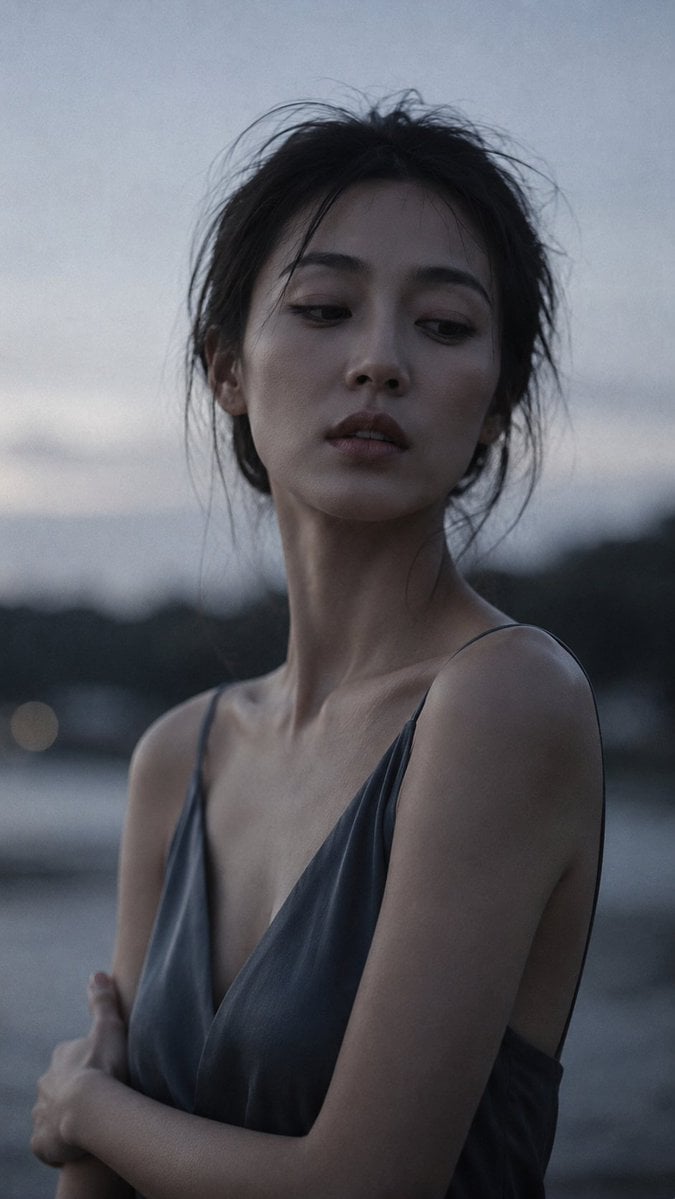 Portrait shot on 85mm f/1.2, close-up of a Japanese woman in her late 20s, elega