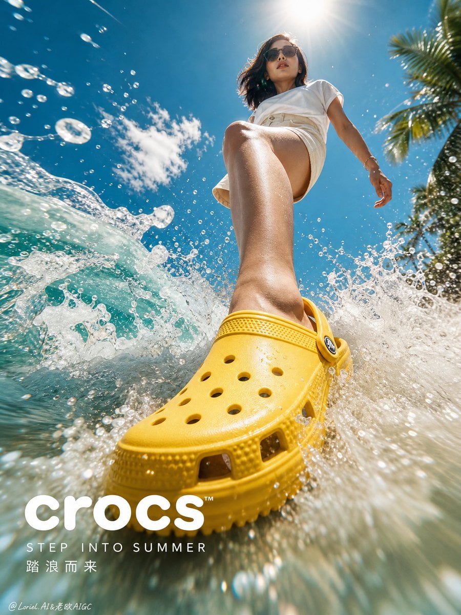 Create an ultra-premium cinematic advertising poster for Crocs beach clogs, with