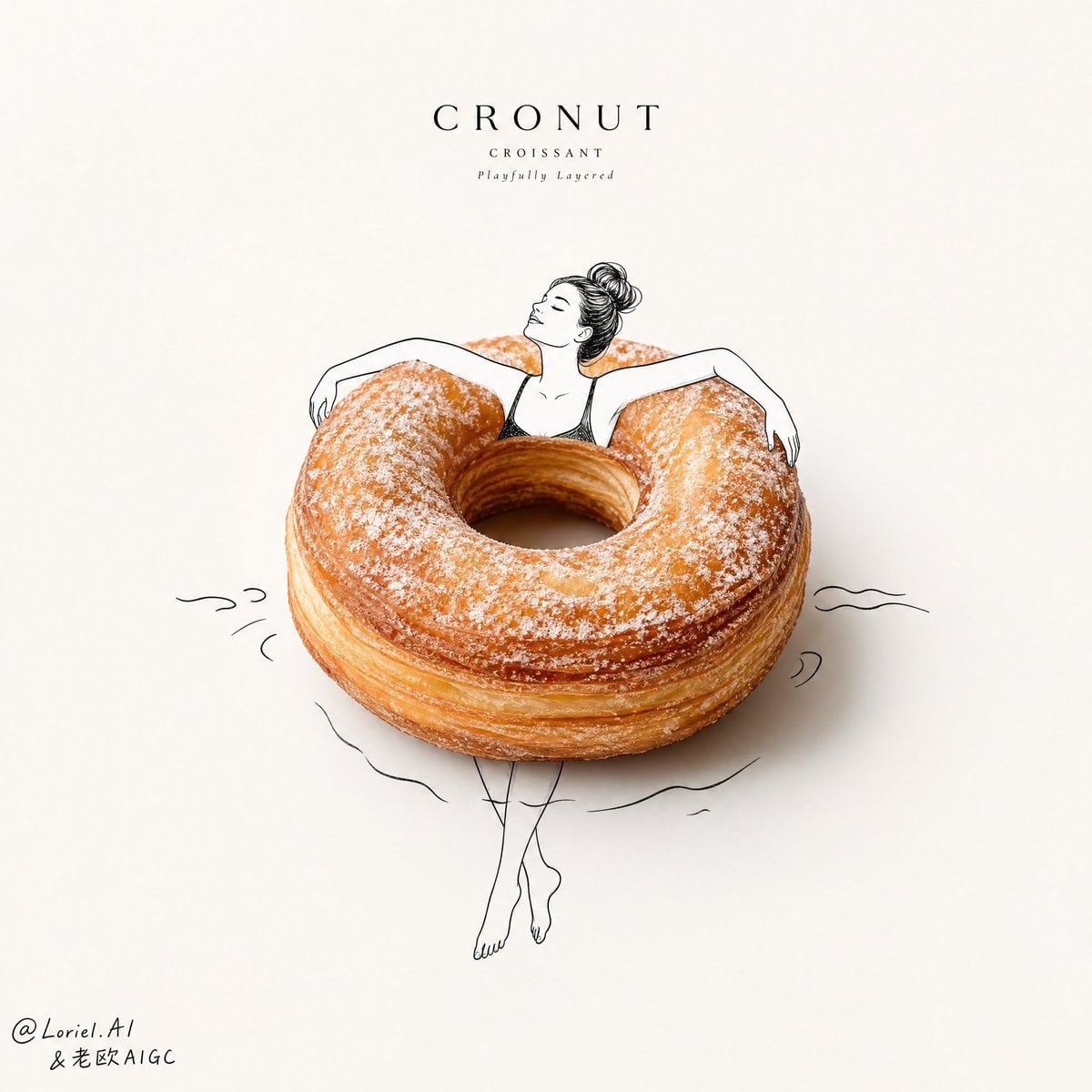 Create an ultra-premium minimalist bakery poster for an almond croissant, combin