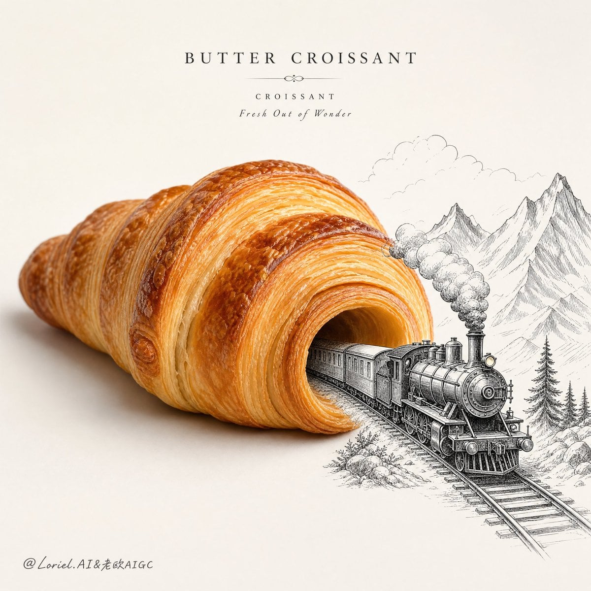 Create an ultra-premium minimalist bakery poster for an almond croissant, combin