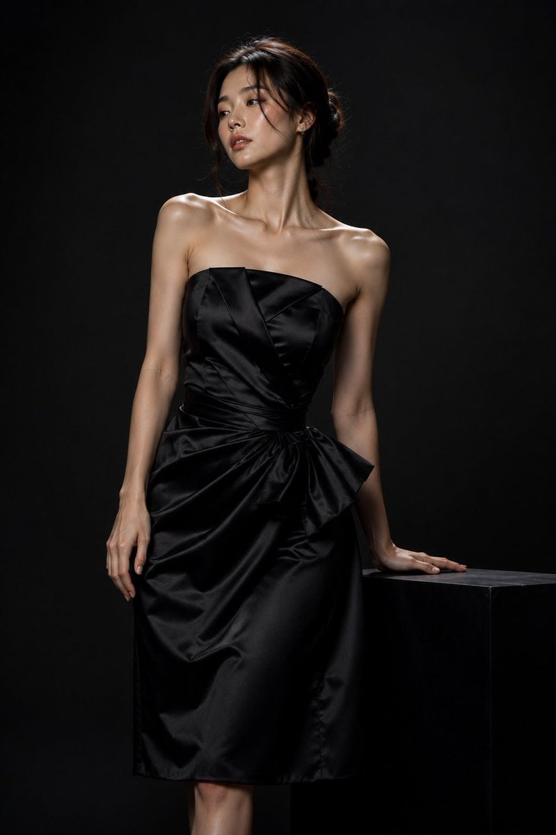 A  stunning young Korean woman in a high-end fashion studio photoshoot, standing