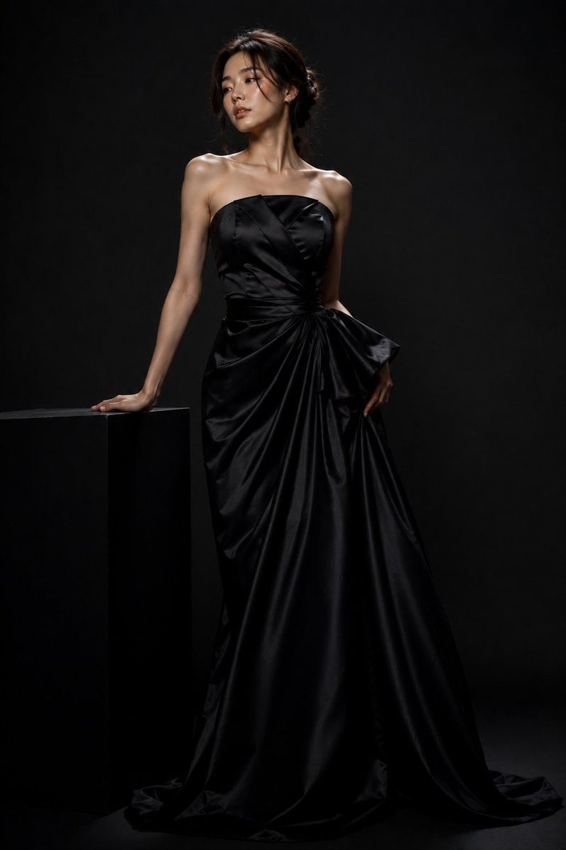 A  stunning young Korean woman in a high-end fashion studio photoshoot, standing
