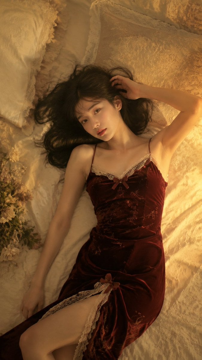 Create a high-quality overhead fashion portrait, 9:16 vertical format.

An adult