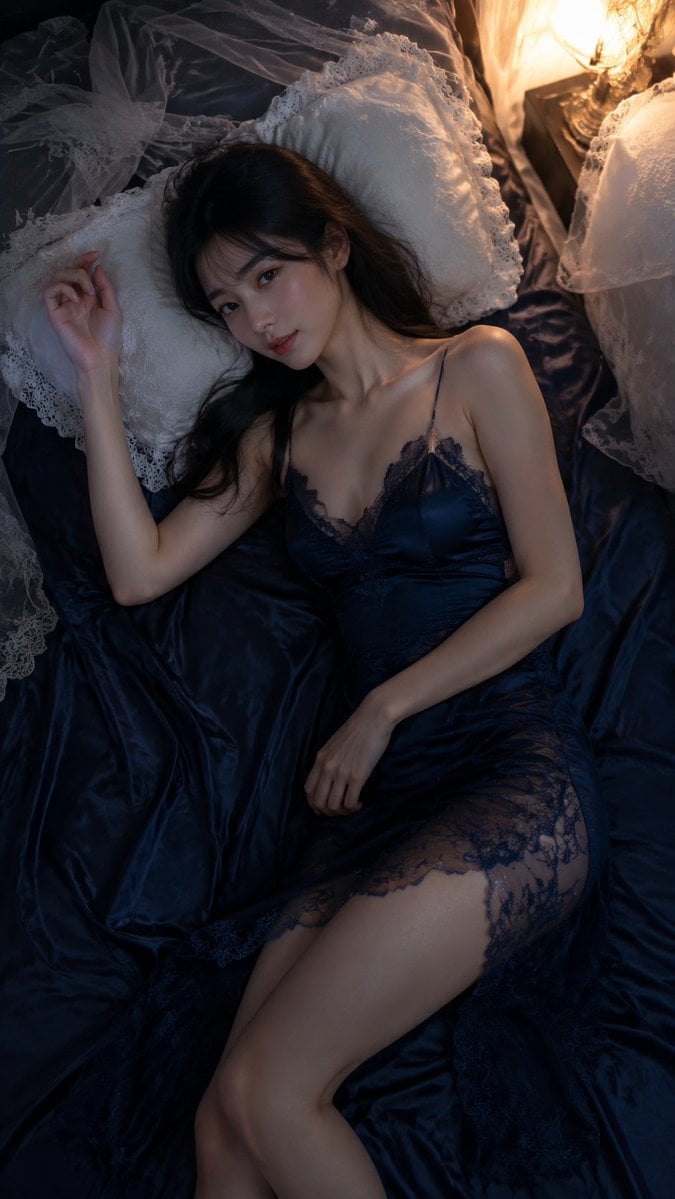 Create a high-quality overhead fashion portrait, 9:16 vertical format.

An adult