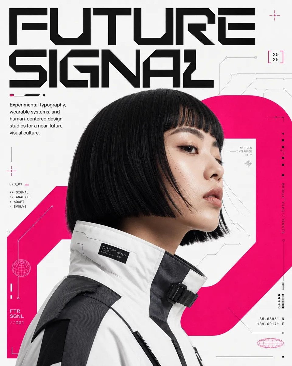 Conceptual futuristic editorial poster design featuring [Human] in a large side-