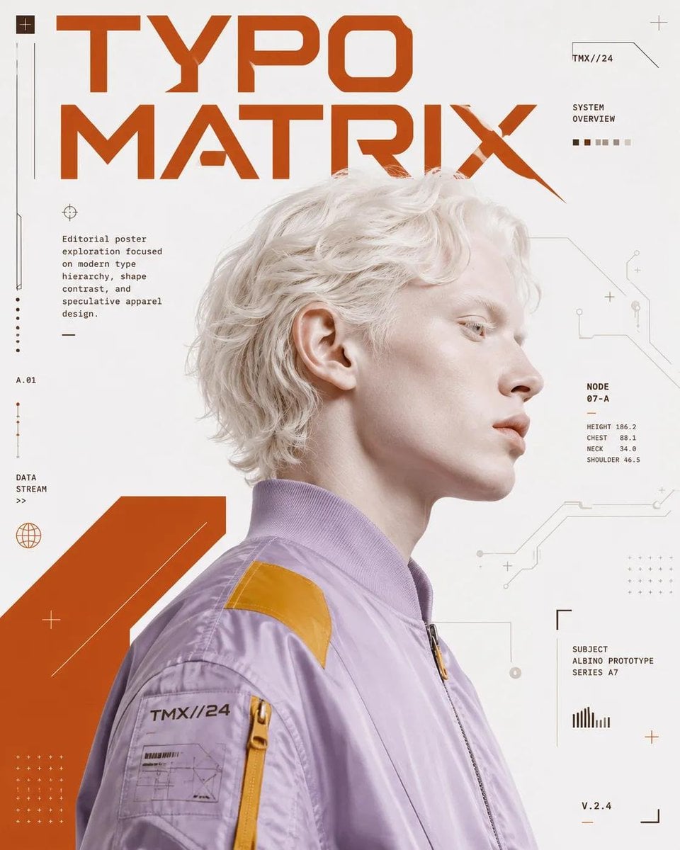 Conceptual futuristic editorial poster design featuring [Human] in a large side-
