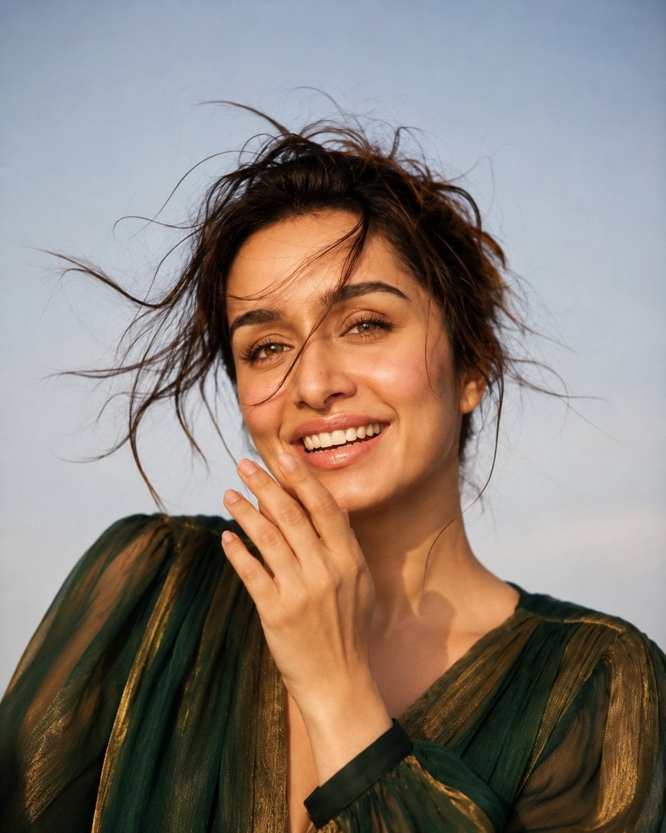 Wide editorial lifestyle shot, young woman in sheer emerald and gold metallic bi