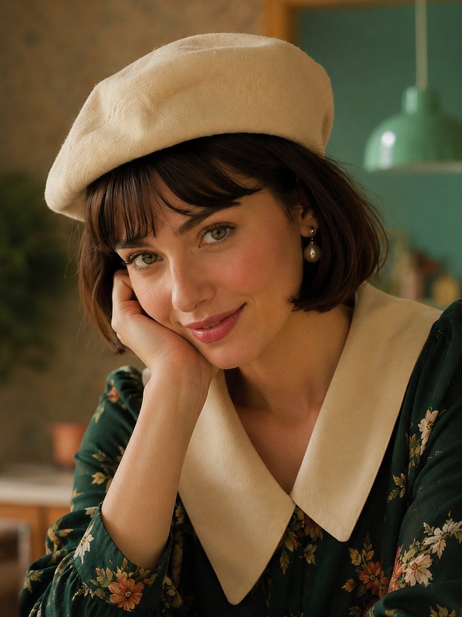 Create a beautiful young European woman with fair skin, expressive green eyes, a