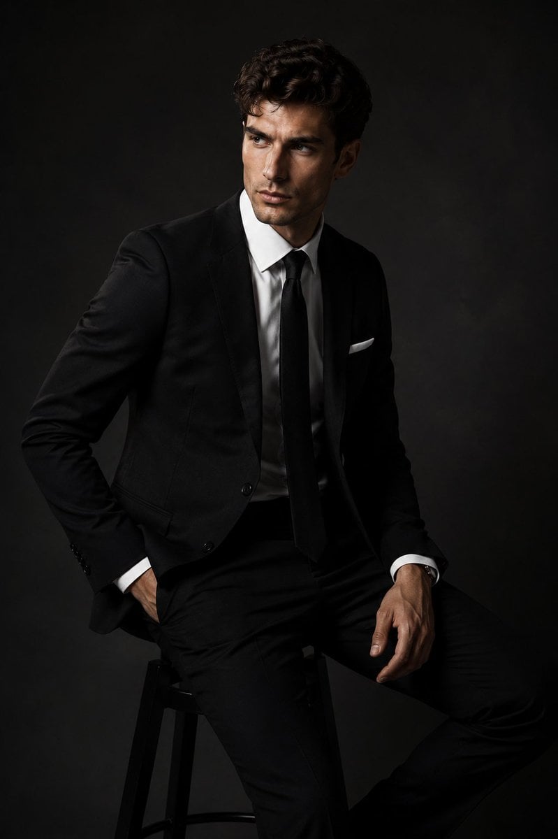 A handsome young European man in a high-end fashion studio photoshoot, standing 