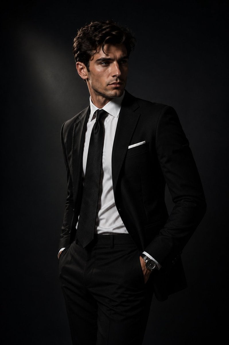 A handsome young European man in a high-end fashion studio photoshoot, standing 