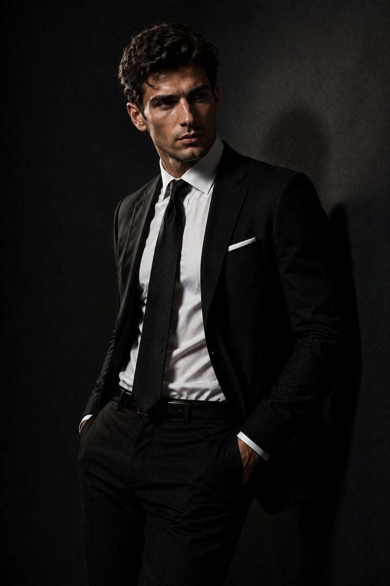 A handsome young European man in a high-end fashion studio photoshoot, standing 