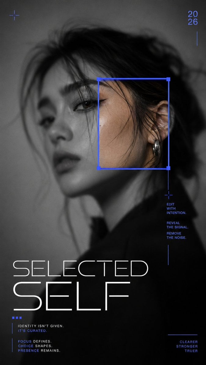 Create a 9:16 high-end color reveal editorial poster with a blurred fashion port