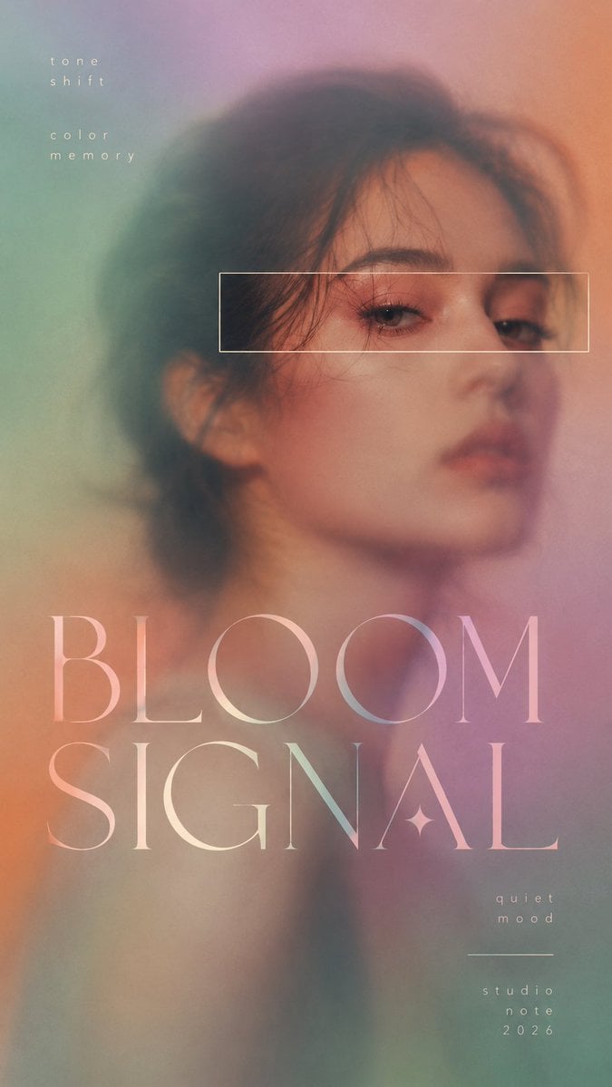 Create a 9:16 high-end color reveal editorial poster with a blurred fashion port