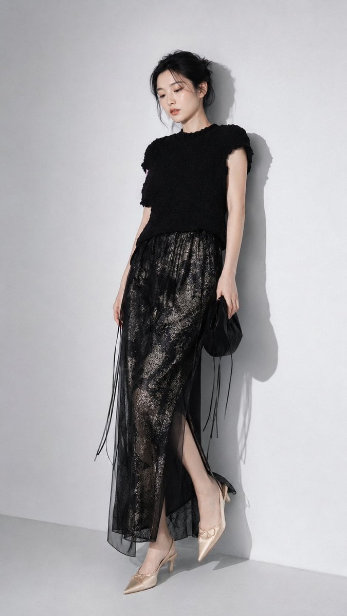 Create a realistic full-body studio fashion editorial portrait of an adult East 