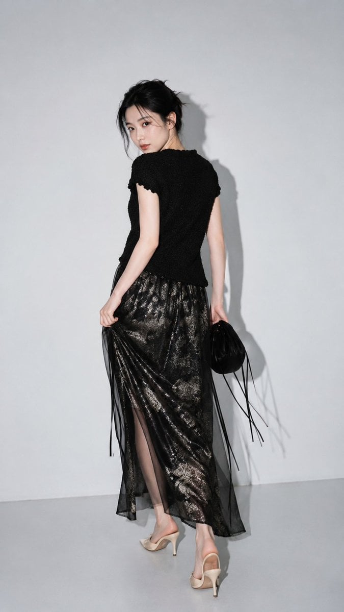 Create a realistic full-body studio fashion editorial portrait of an adult East 