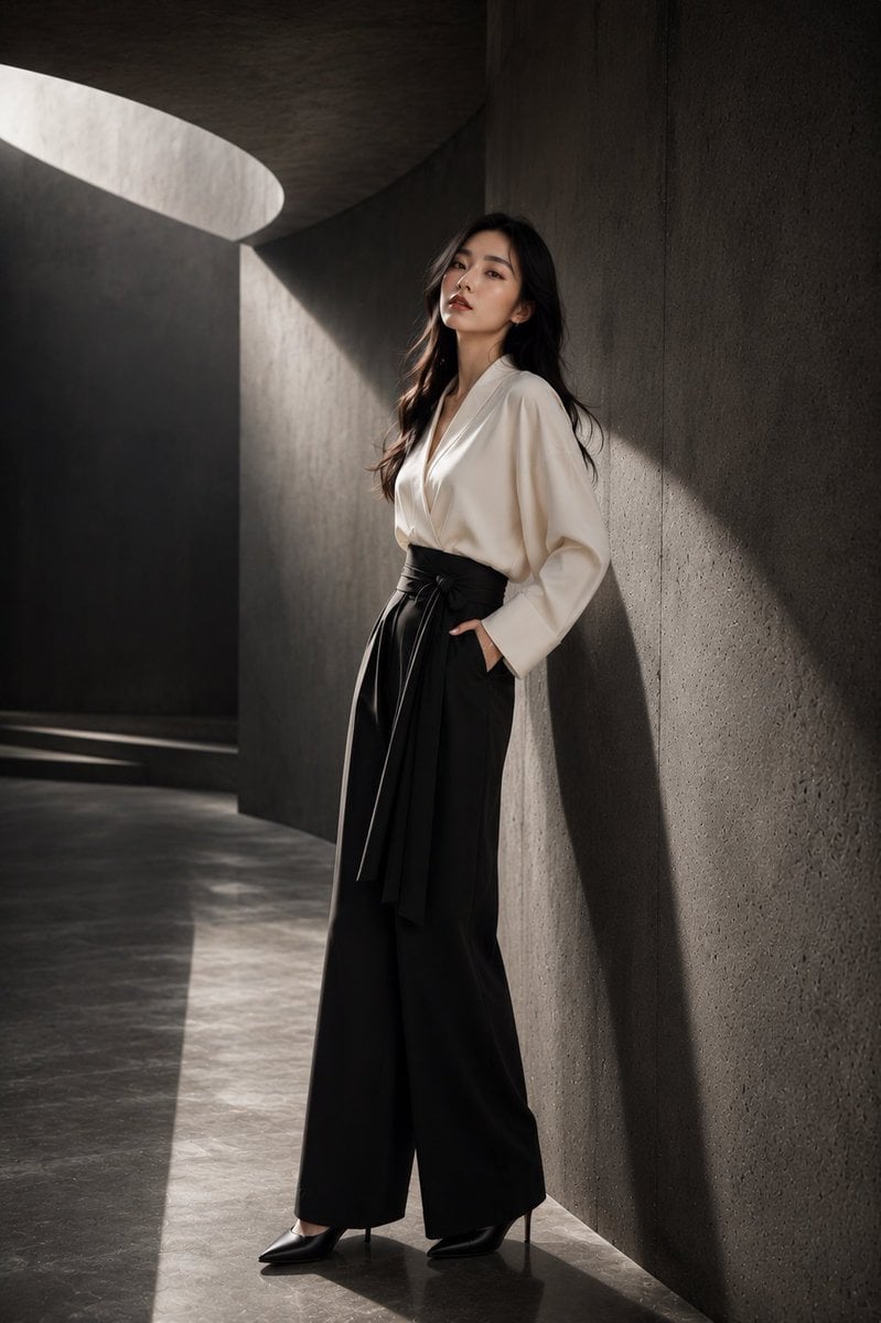 A stunning young Japanese woman in a high-end fashion studio photoshoot, standin