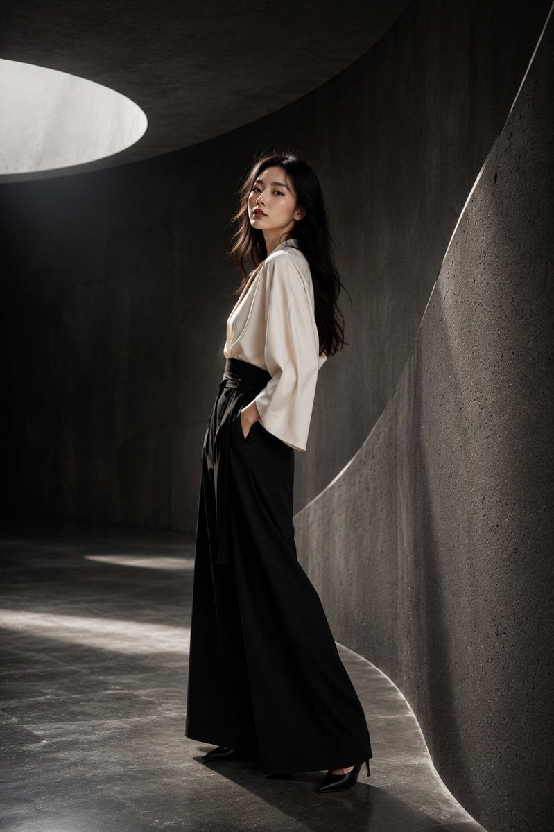 A stunning young Japanese woman in a high-end fashion studio photoshoot, standin