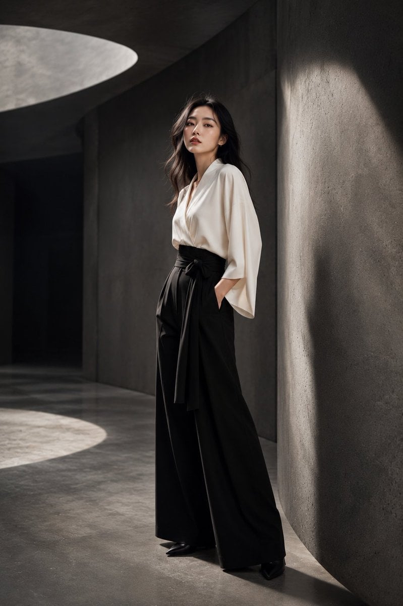 A stunning young Japanese woman in a high-end fashion studio photoshoot, standin
