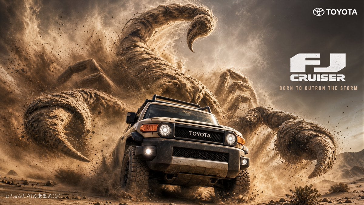 Create an ultra-premium cinematic key visual for the Toyota FJ Cruiser in a hype