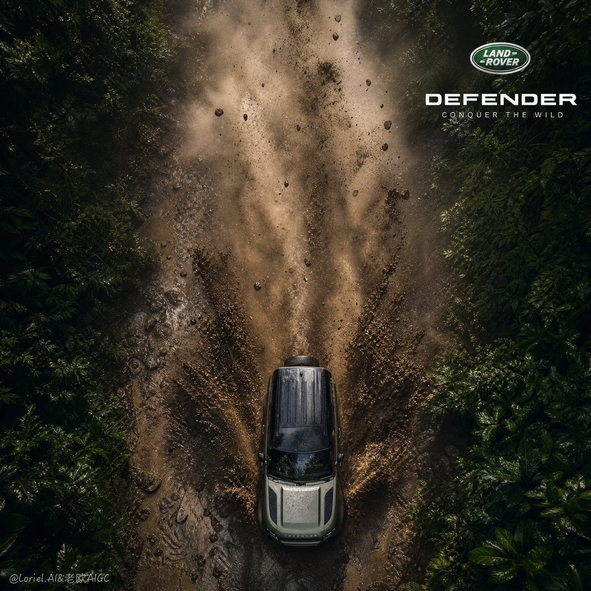 Create an ultra-premium cinematic campaign image for the **Land Rover Defender**