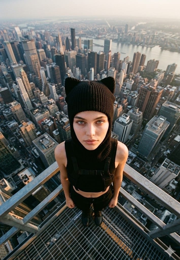 A fictional young woman in a black knit cat-ear balaclava and matching cropped t