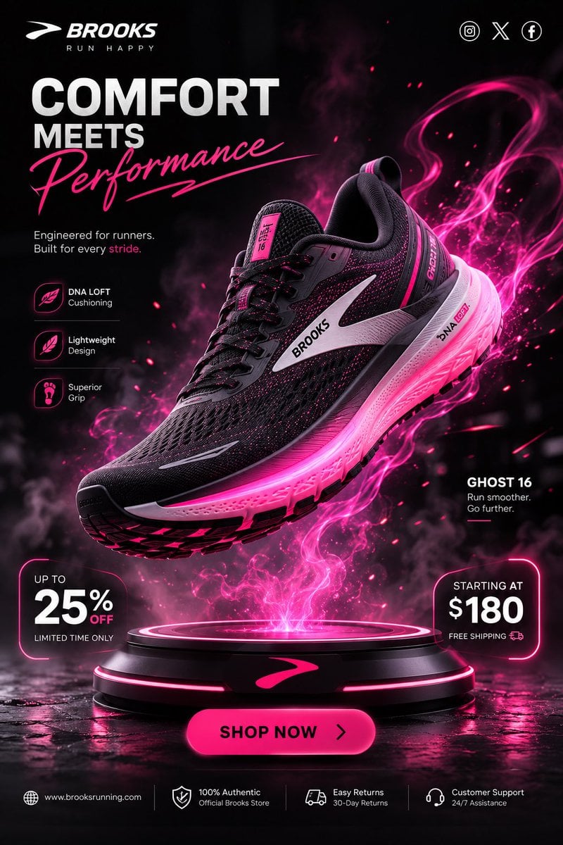 Ultra realistic premium commercial advertisement featuring a Brooks running shoe
