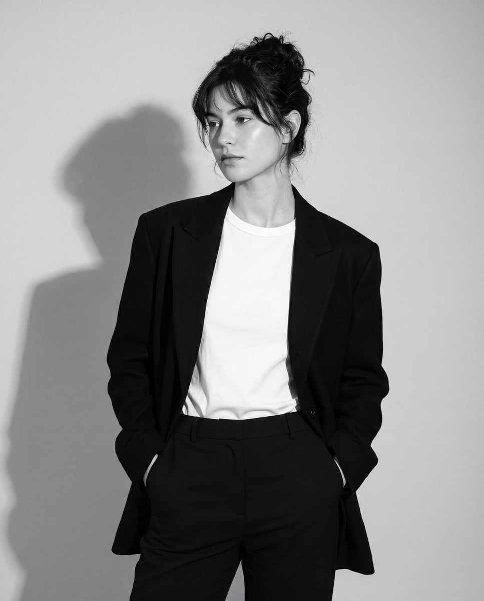 A fine art black-and-white editorial portrait of a stylish young woman wearing a