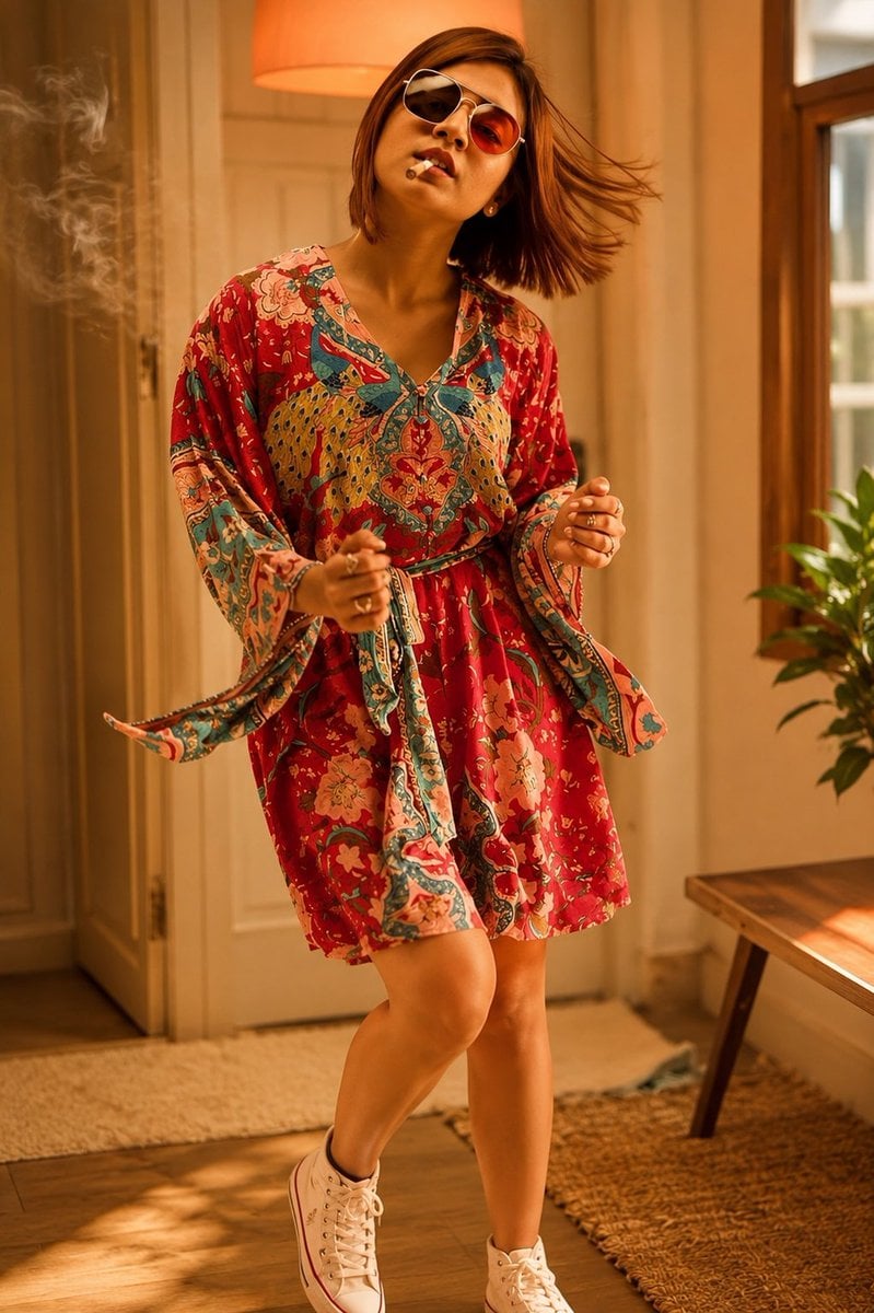 Creative fashion editorial concept, young woman wearing matching landscape-print