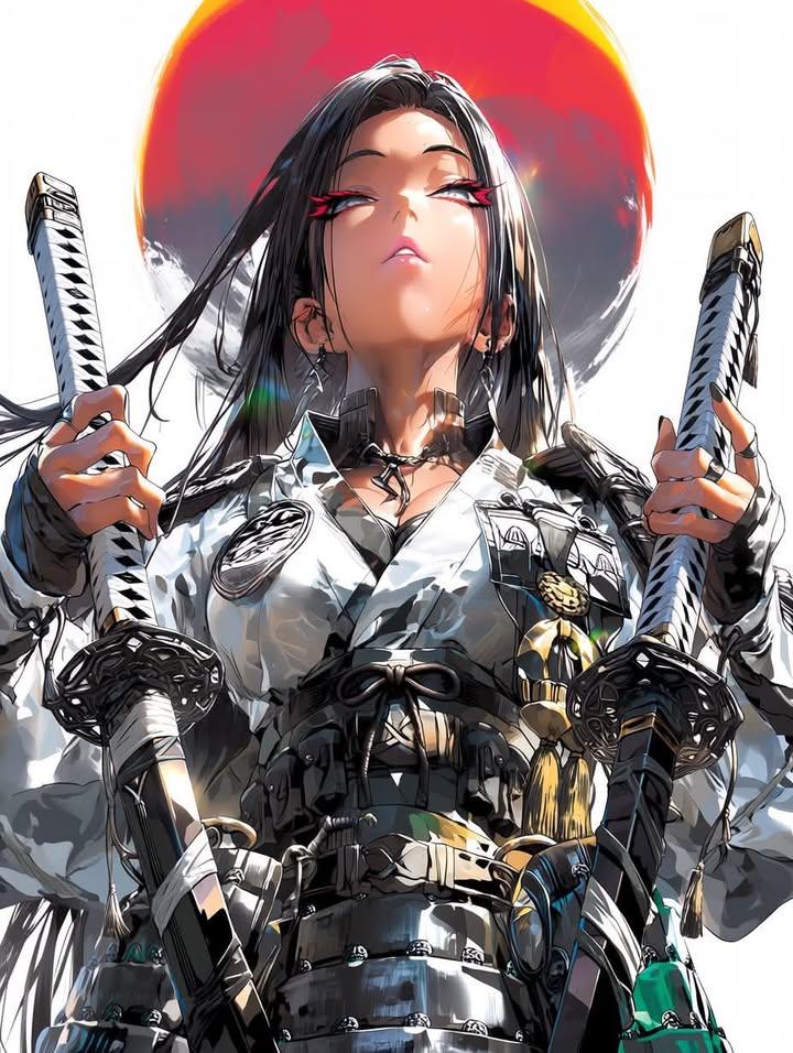 masterpiece, best quality, ultra-detailed anime illustration, fierce samurai gir