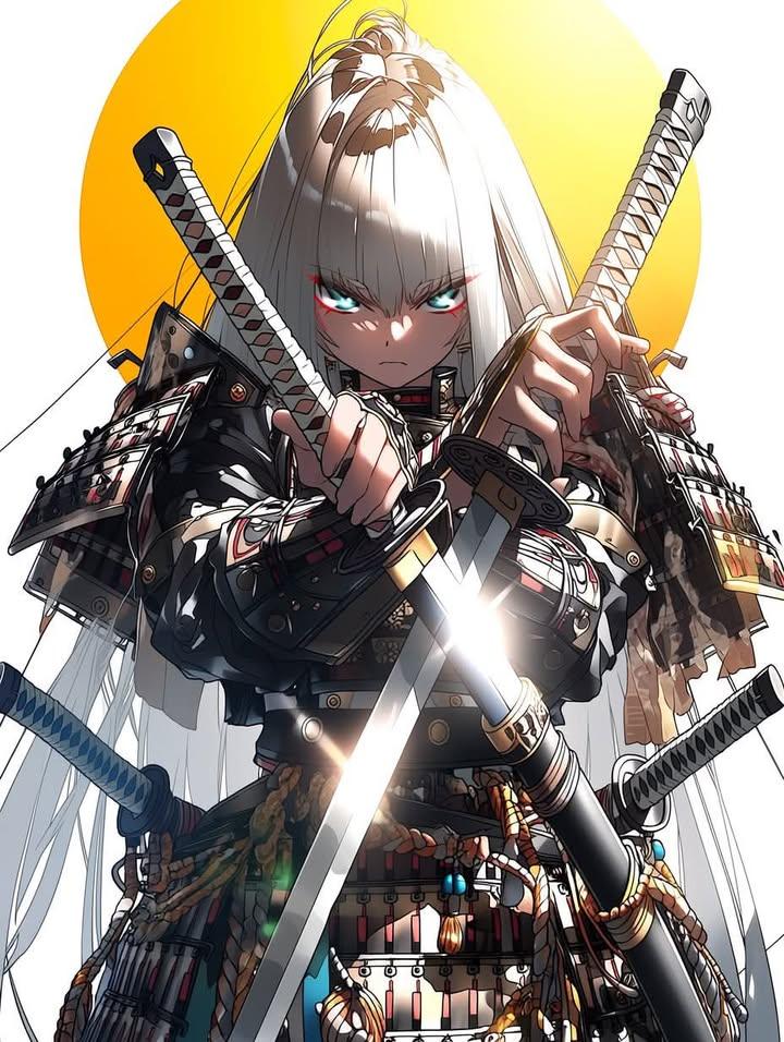 masterpiece, best quality, ultra-detailed anime illustration, fierce samurai gir