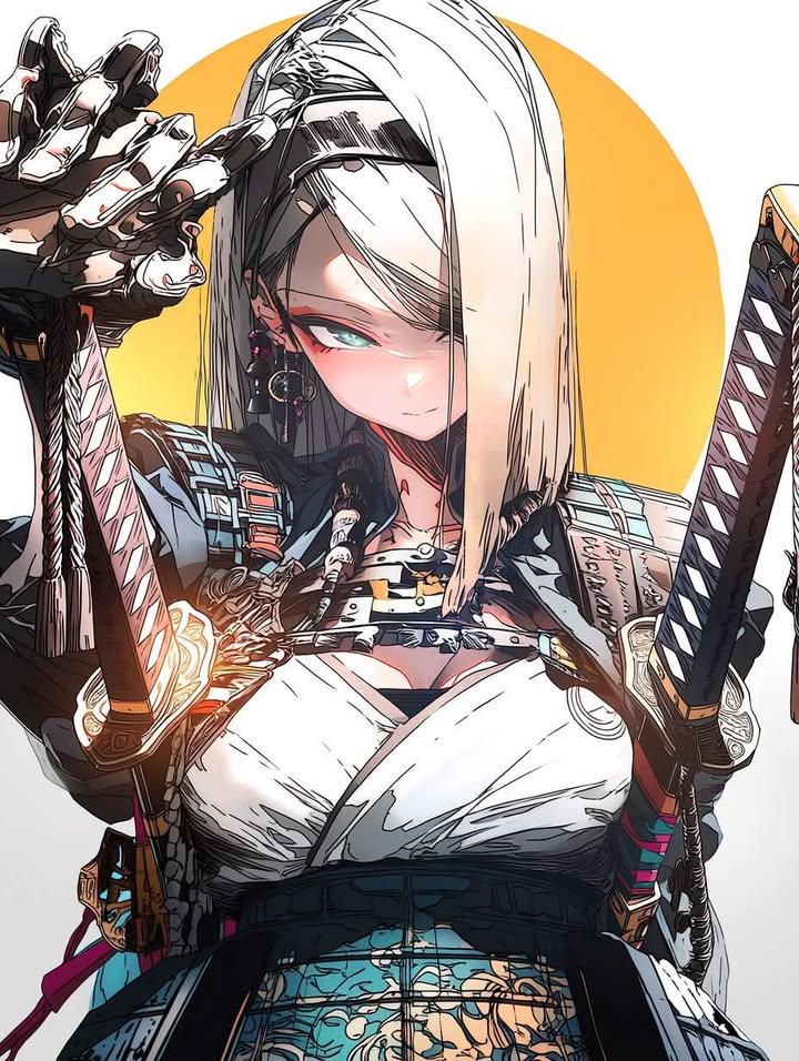 masterpiece, best quality, ultra-detailed anime illustration, fierce samurai gir