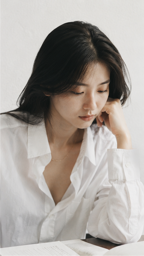 Portrait shot on 85mm f/1.8, editorial close-up of a Japanese woman in her mid-2