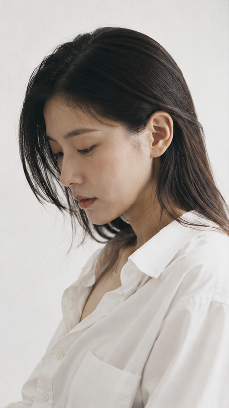 Portrait shot on 85mm f/1.8, editorial close-up of a Japanese woman in her mid-2