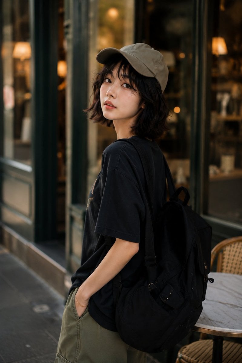 An ultra-realistic cinematic street portrait of a stylish young Korean woman sta