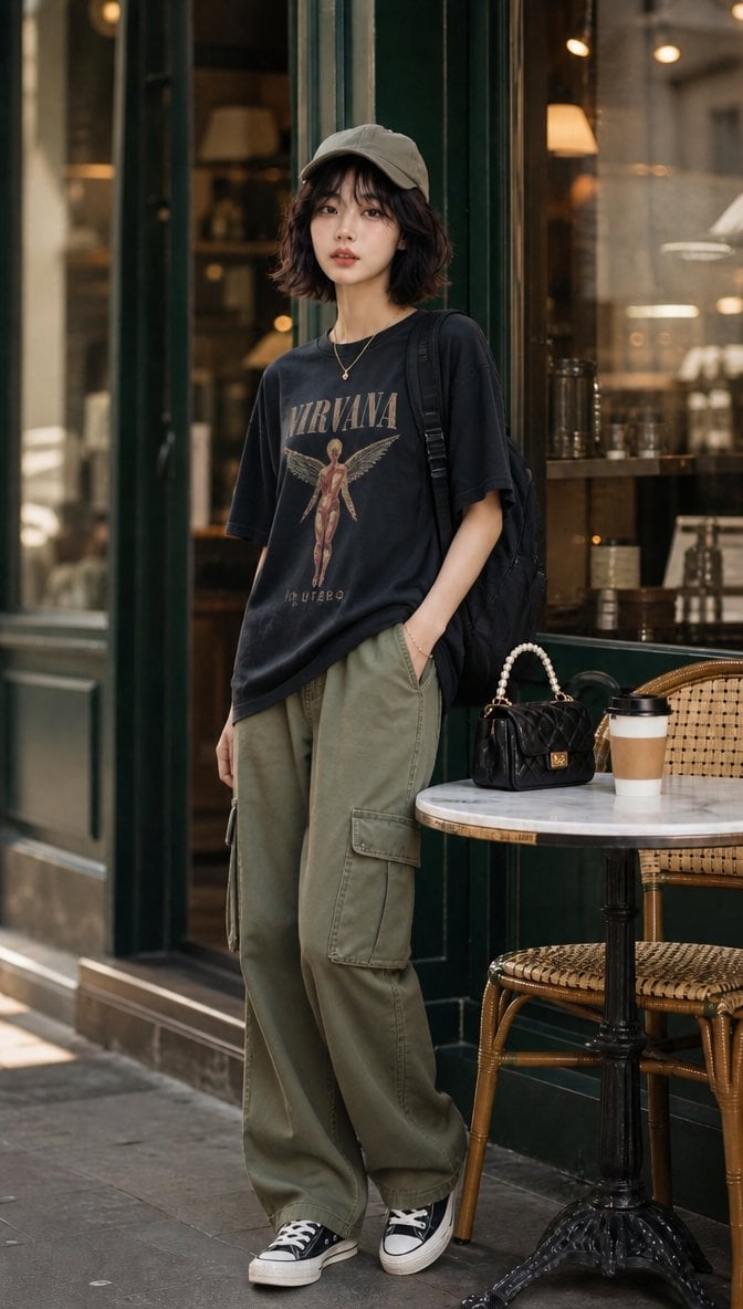 An ultra-realistic cinematic street portrait of a stylish young Korean woman sta