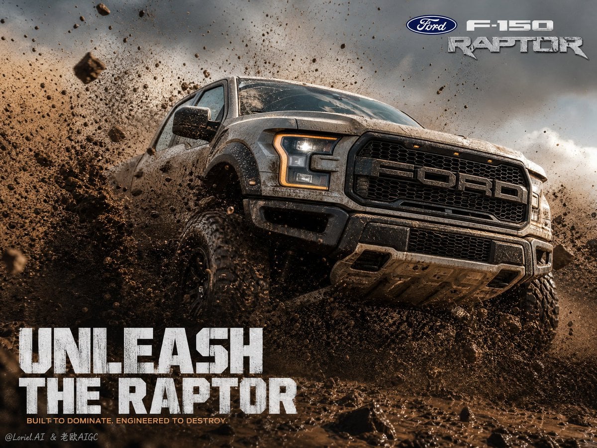 Create an ultra-premium cinematic advertising poster for **Ford F-150 Raptor**, 
