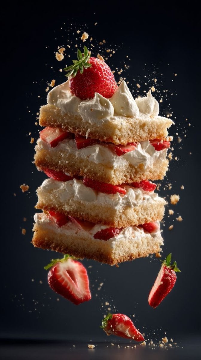 Tight close-up levitation food shot, strawberry shortcake layers floating mid-ai