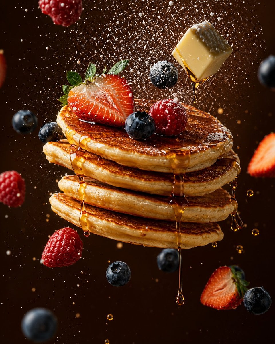 Tight close-up levitation food shot, strawberry shortcake layers floating mid-ai