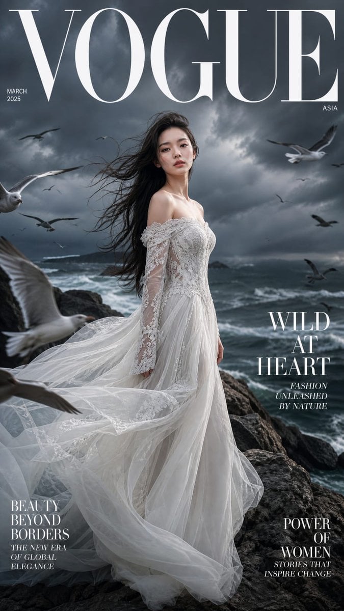 A breathtaking high-fashion magazine cover featuring a young Asian woman with de
