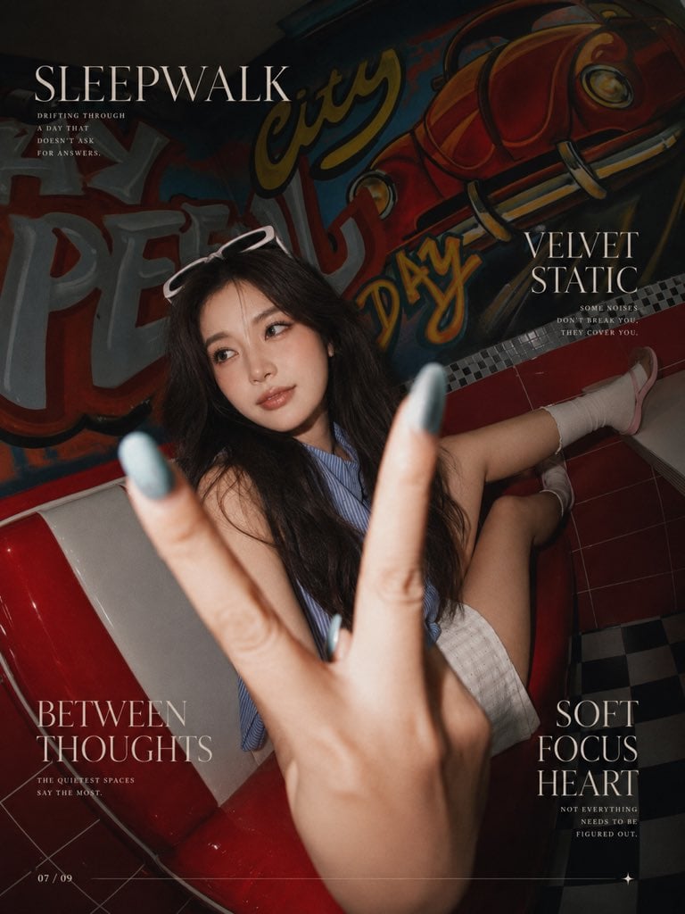 上传一张人像作为人物参考，把原图中的人物替换成参考人像，保留原图的动作、表情、眼神、姿势、构图和鱼眼镜头效果。人物为黑色长卷发，五官自然，表情灵动，不要有生硬换