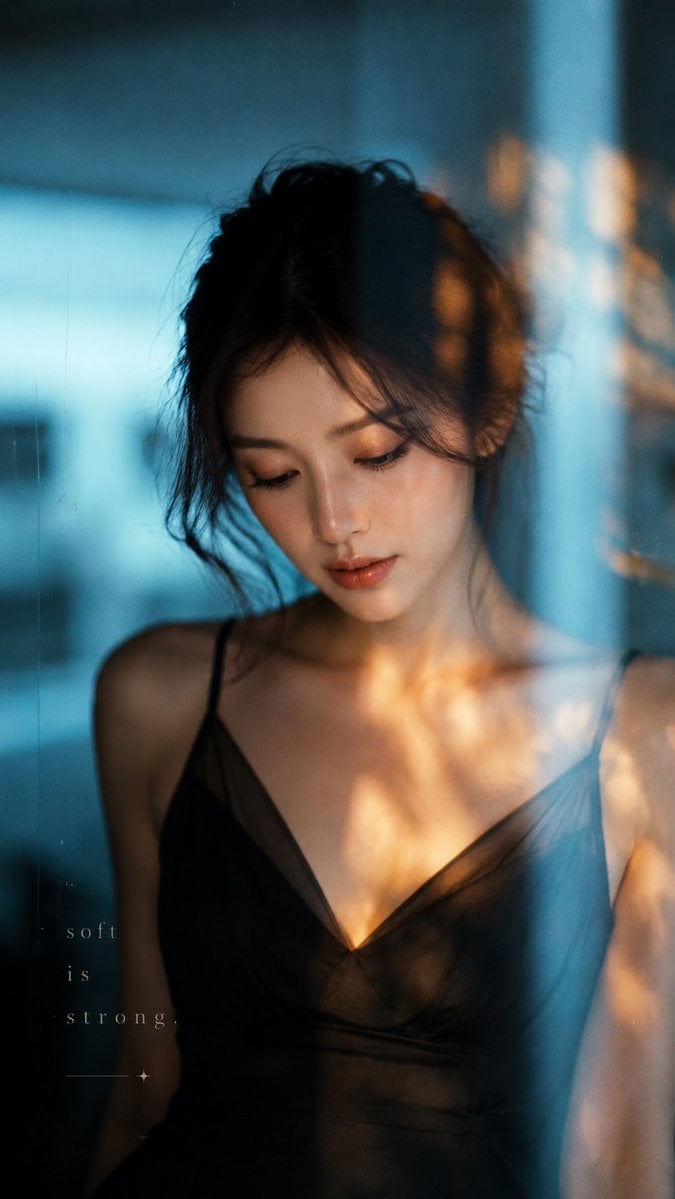 上传人像作为面部参考，生成雨后窗边的电影感人像。人物低头沉思，黑色松散盘发，保留自然神态与动作，穿优雅黑色轻薄吊带长裙，微透但不暴露。隔着带雨滴的玻璃拍摄，冷蓝