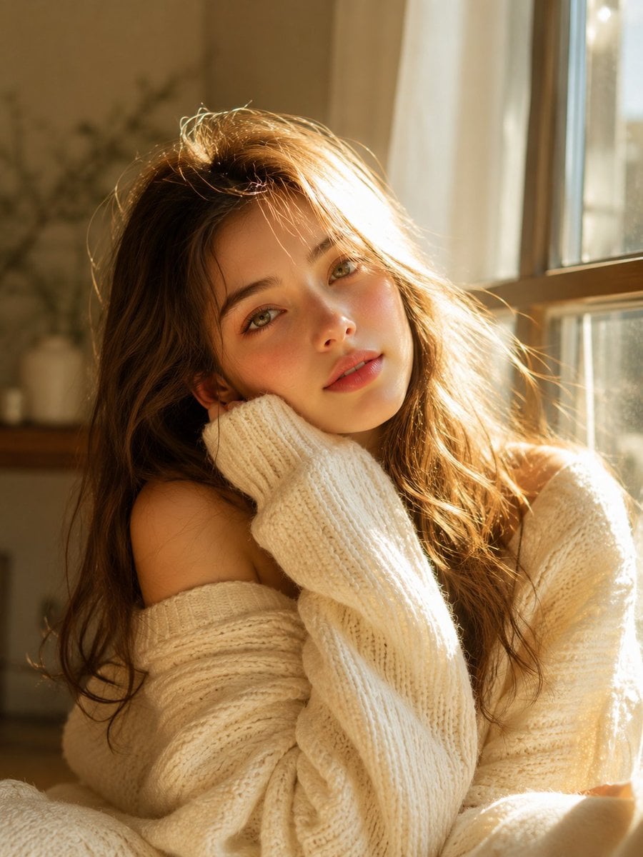 Dreamy sunlit portrait of a young woman with long soft light-brown hair, delicat